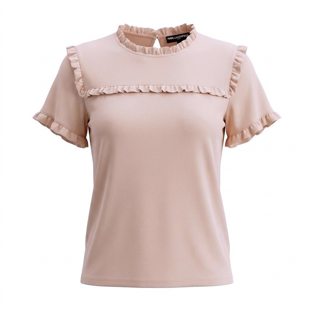 Karl Lagerfeld Paris Blush Pink Ruffle Mock Neck Top L8XH7825 Short Sleeve M